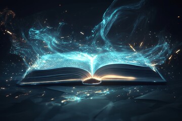 Mysterious glowing book with magical blue aura in dark atmosphere