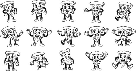 Obraz premium Set of pizza in retro cartoon style illustration, vintage character vector art collection 