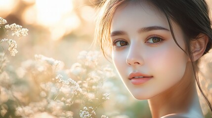 Fototapeta premium Woman with Luminous Golden Undertones in Radiant Outdoor Setting