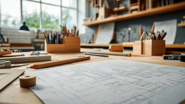 Workshop blueprints on wooden table, bright interior, design tools