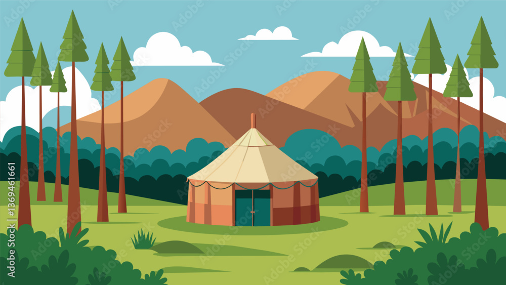 Poster a yurt set in a peaceful meadow surrounded by tall trees and the sound of gentle winds rustling thro