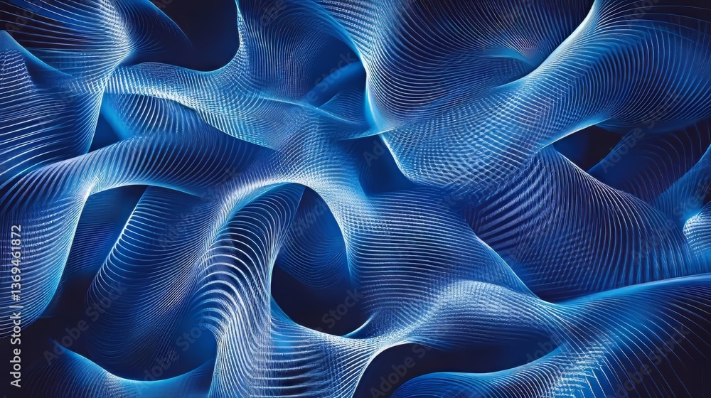 Poster abstract curves of blue and white lines create a dynamic, flowing, and futuristic design element.