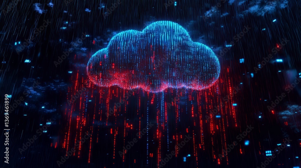 Poster digital cloud formation with streams of data. data raining down from a cloud made of glowing pixels.