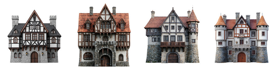 Naklejka premium This image showcases a captivating collection of ornate half timbered medieval buildings and castles that are iconic landmarks of historic European towns and cities