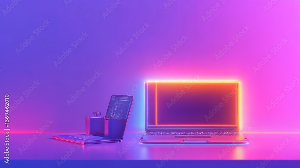 Poster neon laptops: digital workspace illuminated with modern technology for enhanced productivity and con