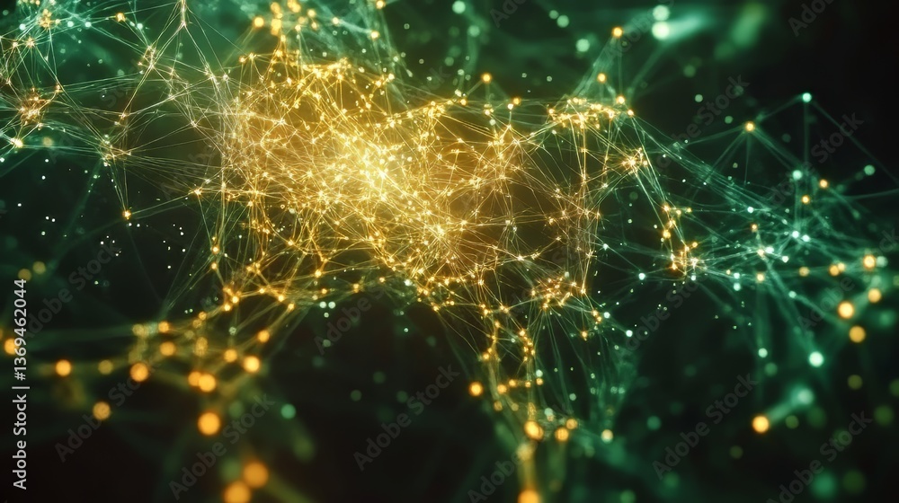 Poster abstract network of interconnected lines and nodes, glowing with warmth, against a muted dark backgr