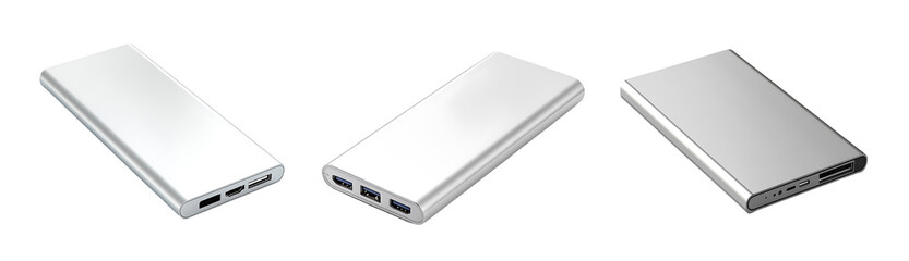 Set of modern portable power banks with slim elegant design isolated on a white or transparent background	