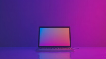 Laptop glows against violet and pink background, screen displays gradient from blue to orange to violet.