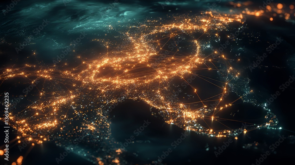 Aufkleber global connections represented by glowing cities and networked links from space, a view from above.