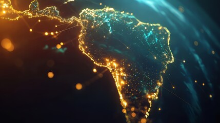 South America illuminated, a network of lights outlining the continent in a digital representation.