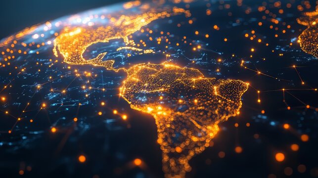 Digital network connecting countries, showcasing global interconnectedness with vibrant, illuminated points.