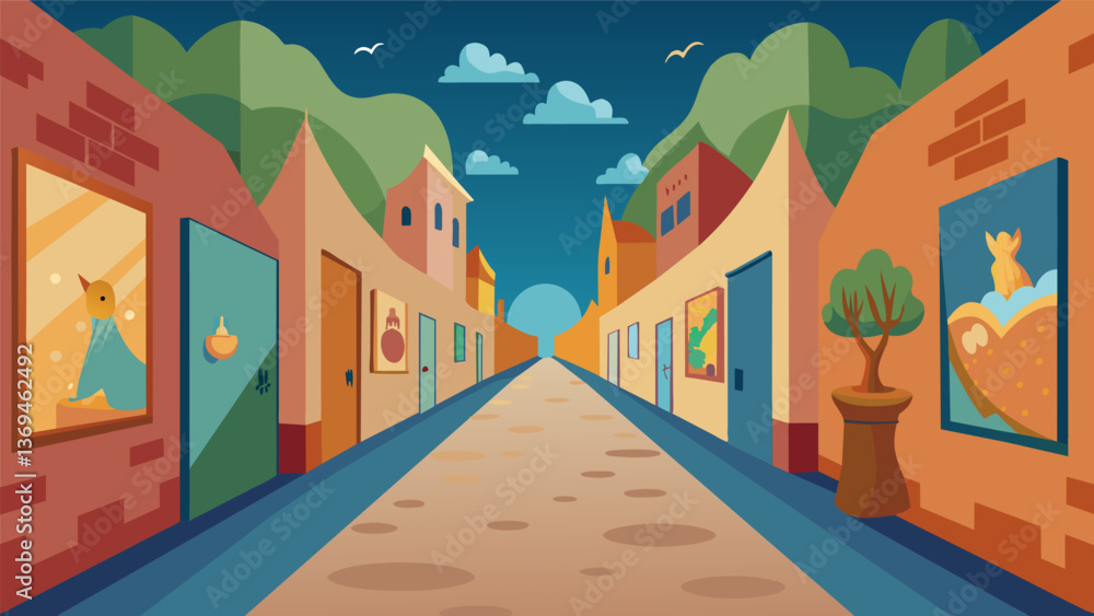 Poster in an alleyway a series of small murals create a storybooklike atmosphere with each one adding to th