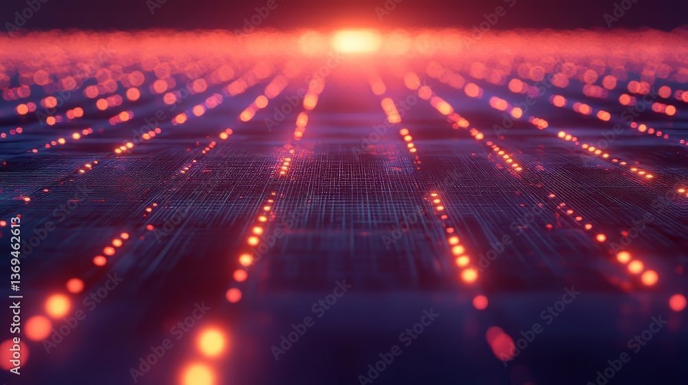 Poster abstract glowing red dots create an impression of speed and connectivity in a futuristic design.