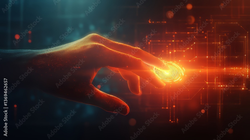 Poster human hand touching glowing digital fingerprint over abstract network background representing secure