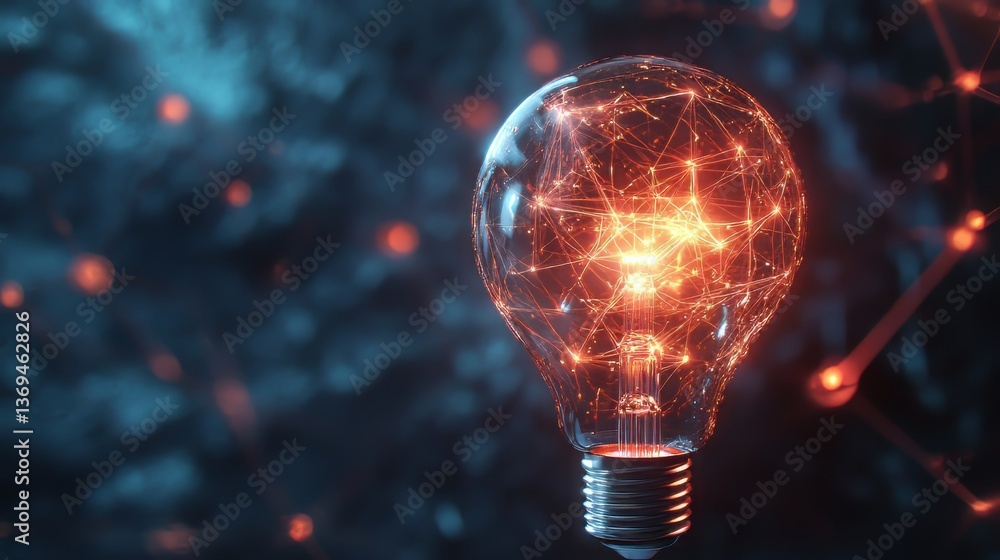 Aufkleber connected ideas: a glowing lightbulb illuminates a network of interconnected nodes and lines, repres