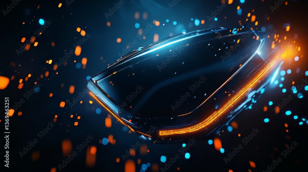 Poster abstract futuristic shield with neon glow and floating particles on a dark background. technology vi