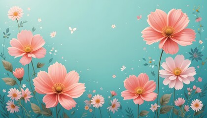A serene spring background features delicate pink and white flowers scattered across a soft, teal backdrop. The flowers are depicted in a gentle, watercolor-like style, creating a calming and ethereal