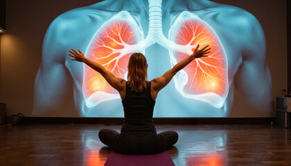 Yoga practitioner meditating with lung anatomy background