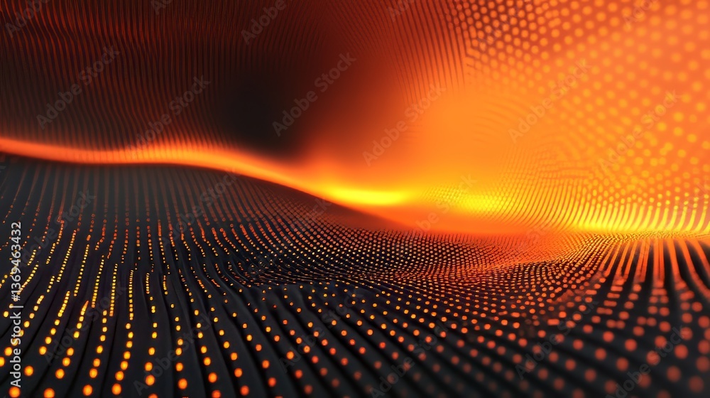 Poster abstract landscape with an orange wave and dark texture featuring many tiny glowing dots pattern on 