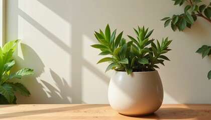 Fototapeta premium Succulent plant in a pot on a wooden table against a sunny background