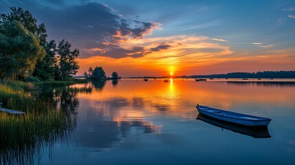 Obraz premium Tranquil Sunset Reflection on Calm Lake with Trees, Boats, and Vibrant Colors