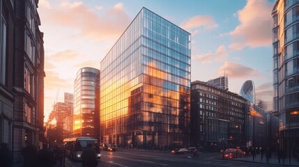 A modern glass building reflecting sunset hues amidst an urban landscape.