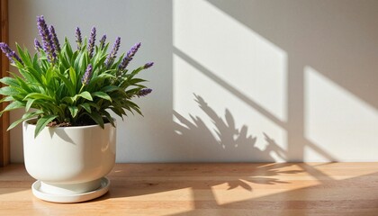 Potted plant casting shadows on wooden table