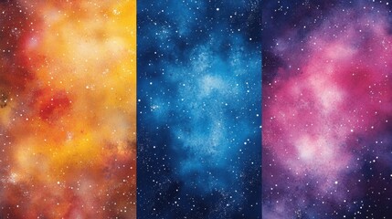 Watercolor abstract fluid watercolor designs Watercolor Galaxy Triptych: Orange, Blue, and Purple Nebulae