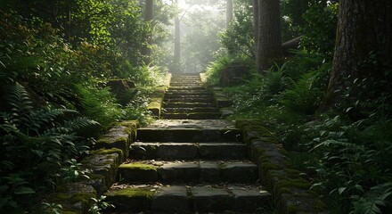 Obraz premium Stone steps ascend through lush green forest bathed in soft sunlight creating a serene mystical atmosphere. AI Generated
