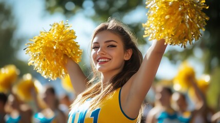 Spirited cheerleader radiates team pride with vibrant yellow pom-poms aloft