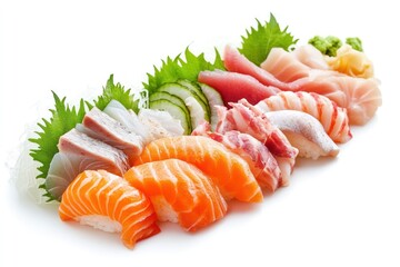 A visually appealing sashimi assortment arranged in an artistic fan shape, highlighting fresh seafood textures, isolated on a white background.