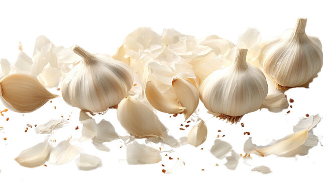 Garlic Arrangement: Close-up of fresh garlic bulbs and cloves artfully arranged, showcasing the textures and layers of the aromatic vegetable.