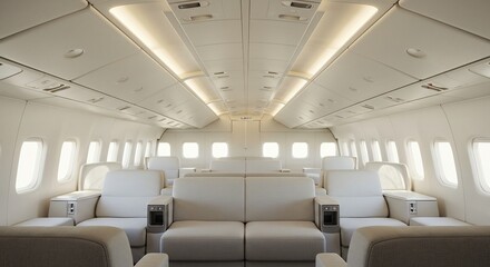 Obraz premium Luxurious Private Jet Interior Soft Light Calm Spacious Seating Arrangement. AI Generated