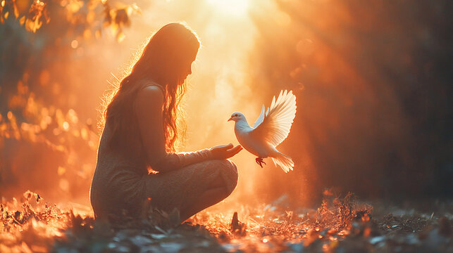 Woman Prays on Bended Knee as the Holy Spirit Descends as a White Dove, Depicting Themes of Faith, Divine Intervention, and the Powerful Presence of God’s Grace in Worship - Powered by Adobe
