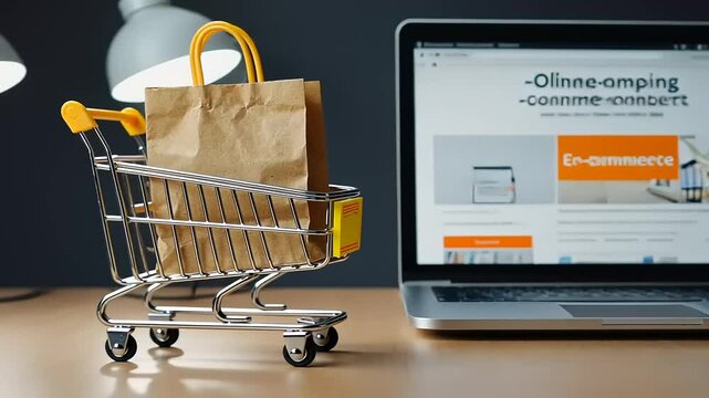 Online shopping experience with a shopping cart and laptop displaying e-commerce website interface