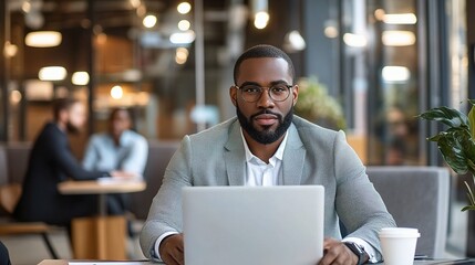 Focused Business Director Working on Laptop in Modern Office Space