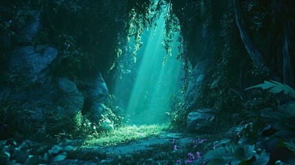 Luminous path through lush, rocky, green foliage.