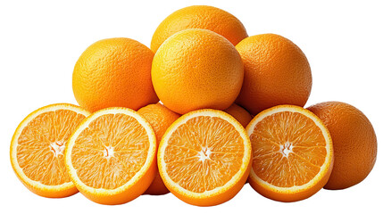 Fototapeta premium Oranges: A vibrant pile of juicy oranges, some whole, some sliced, showcasing the bright zest and inviting texture of the fruit, a refreshing visual.