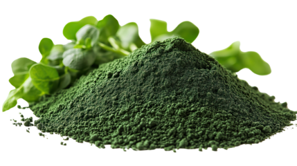 Spirulina Power: A vibrant heap of spirulina powder alongside fresh green sprouts, showcasing the essence of organic and natural health.