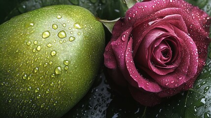 Dew-Kissed Mango and Rose A Still Life of Nature's Beauty