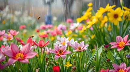 Colorful spring flowers in a garden during a light rain
