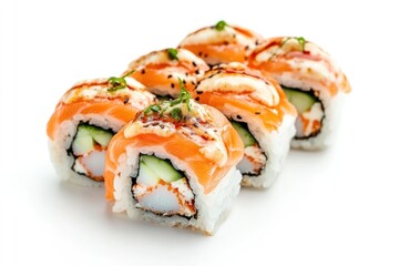 A gourmet sushi roll with fresh crab, cucumber, and a torched salmon topping, lightly seared and garnished, isolated on white.