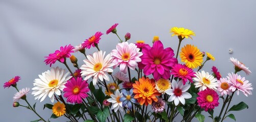 Subtle grey backdrop showcasing vibrant, diverse blooms, sophisticated, studio