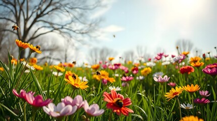 Obraz premium Colorful wildflowers buzzing with bees in a sunny meadow