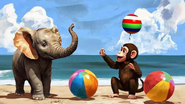 A chimp playfully juggles beach balls while a baby elephant watches on a sunny beach