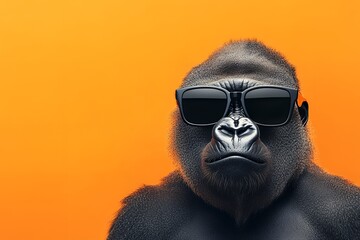 Cool gorilla wearing sunglasses against bright orange background