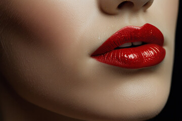 Obraz premium Close-up of Woman's Lips with Glossy Red Lipstick