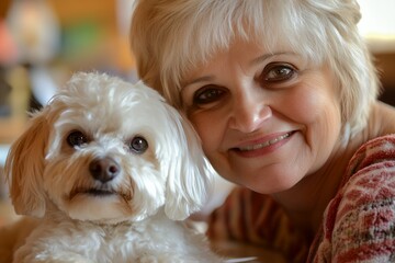 Elderly caucasian woman smiling with fluffy white dog indoors