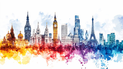 World tourism day watercolor poster illustration with famous world landmarks