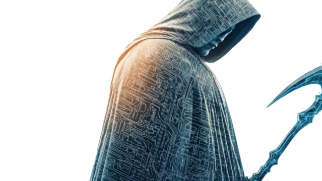 Png of A hooded figure with a glowing, circuit-like design, holding a scythe, exudes a mysterious and futuristic aura on transparent background.